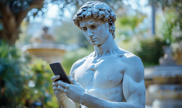Sculpture of David using a cellphone to text or engage on social media. This modern twist on a classical statue highlights the fusion of art and technology in the digital age, Generative AI