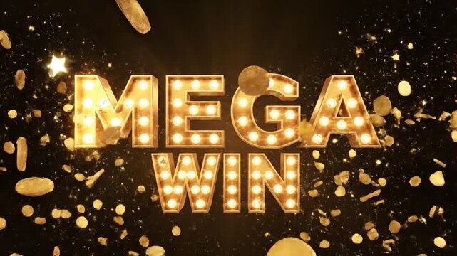 Mega Win Casino Jackpot Celebration with Golden Coins and Lights.