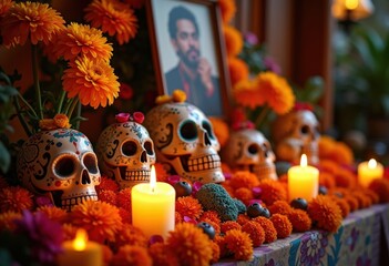 Intricate Day of the Dead Altar Arrangement of Marigold Flowers, Candles, Photographs, and Colorful Offerings