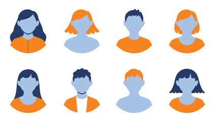 Fototapeta premium A collection of eight diverse human silhouettes in blue and orange hues on a white background silhouette