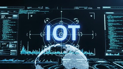 A futuristic iot interface with a green radar screen and a globe on a black background with blue graphs and data - Powered by Adobe