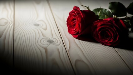 Two red roses on a wooden floor with dramatic lighting