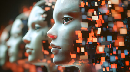 Profile view of a digital cyborg face disintegrating into glowing orange and blue data particles representing artificial intelligence evolution and singularity concepts