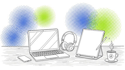 Sketch of laptop with headphones and alarm clock on white background with colorful halftone effect