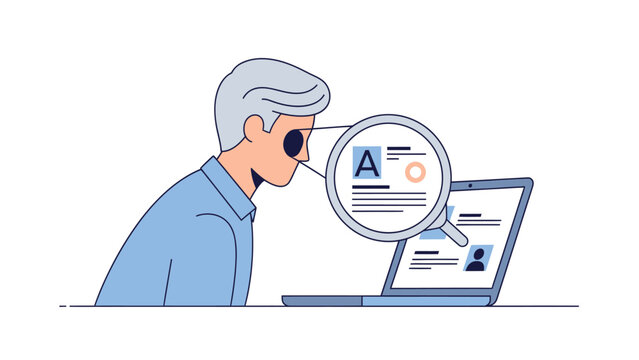 Man with Low Vision Using Magnifying Glass to Read Information on Laptop Computer Screen