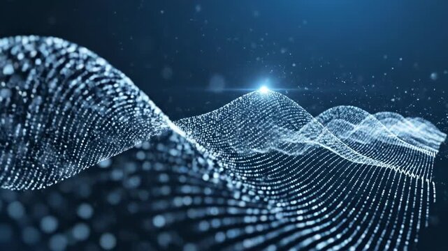 Abstract wave pattern made of small white dots on a dark blue background