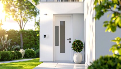 Modern home entry with a white door and lush landscaping