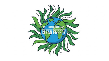 Obraz premium International day of clean energy, earth surrounded by green leaves and sun rays, symbolizing renewable energy and sustainability