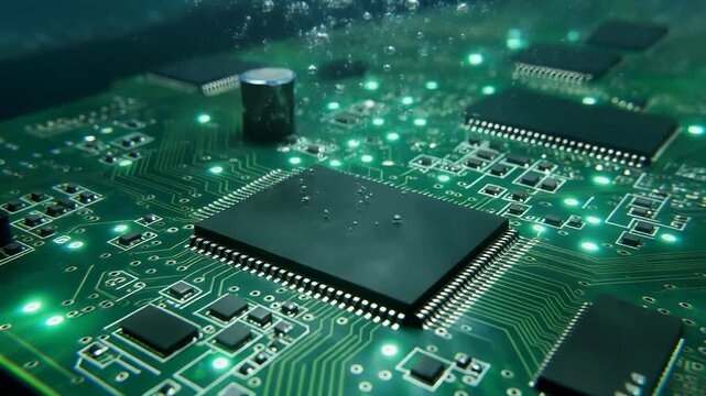 Close-up view of a green printed circuit board with various electronic components and microchips.