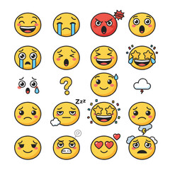 Yellow Emoji Face Icon Set Isolated on White, Funny Cartoon Emoticon Stickers for Chat and Social Media