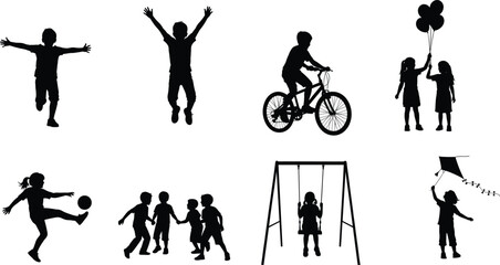 Happy children pure black silhouette illustration playing football, cycling, flying kites, swinging, holding balloons, and enjoying fun outdoor activities on white background vector design