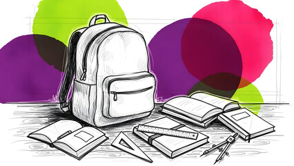 Backpack with books and stationery on white background with colorful shapes