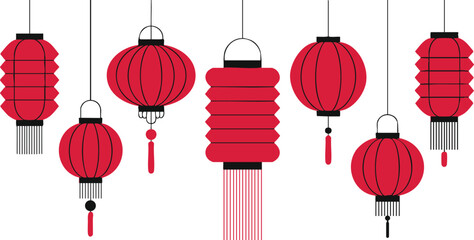 Red Chinese Lanterns Hanging Decoration, Lunar New Year Festival Lanterns, Assorted Oriental Paper Lanterns, Traditional Red and Pink Lantern Illustration, silhouette, illustration, vector © naeem
