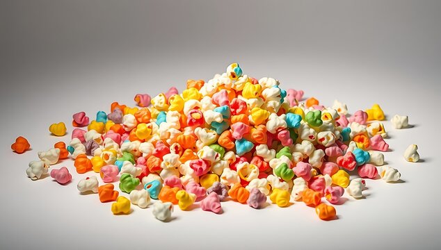 Vibrant pile of rainbow multi-colored popcorn on white background - sweet candy coated party snack for kids popcon