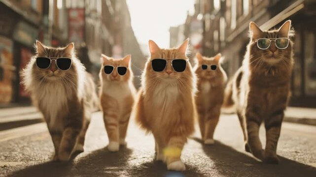 Cats stride down a sunlit urban street, all wearing sunglasses exuding cool confident swagger. wow