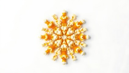 Intricate symmetrical snowflake or mandala design created with popcorn pieces on a white background popcon