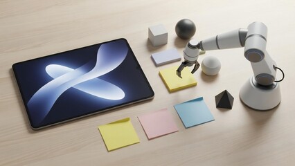 A robotic arm and a tablet with a futuristic design on a wooden desk