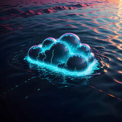 Glowing neon cloud icon floating above water surface