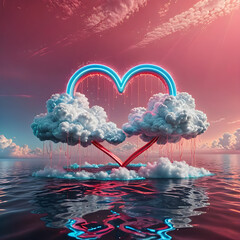 Neon heart-shaped cloud above reflective water surface
