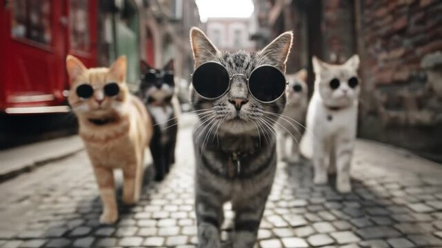 Grinning cats stroll the cobblestone alley, lead tabby in round sunglasses, curious entourage nearby