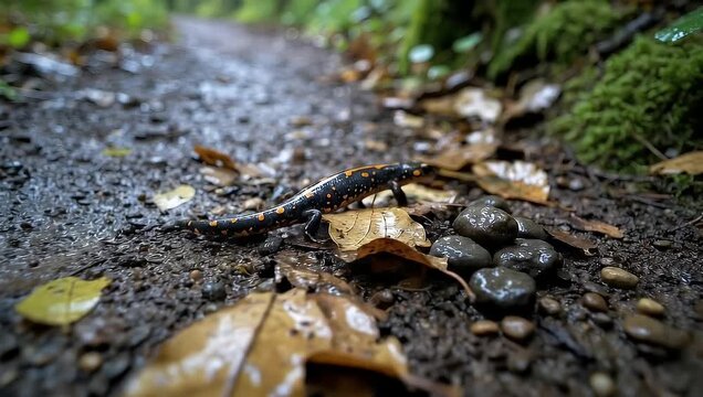 Spotted Salamander Walking on Wet Forest Path with Fallen Leaves, Amphibian in Nature, 4K