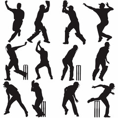 Fototapeta premium Cricket players in dynamic poses, black silhouettes on white
