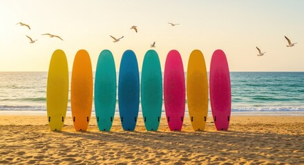 Colorful surfboards lined up on a sandy beach at sunset with seagulls flying overhead.