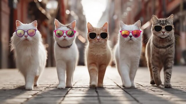 Five stylish cats wear bright sunglasses and march along a sunlit cobbled street, confident today!!