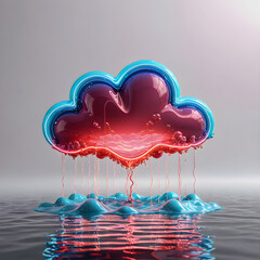 Pink neon cloud glowing above reflective ocean