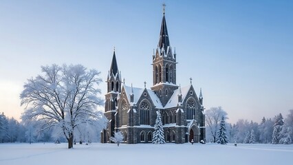 Snowy Gothic Church in Winter Landscape.