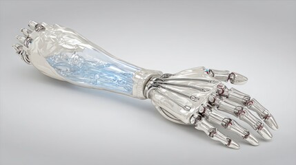 Futuristic Robotic Hand with Transparent Components and Blue Mechanical Details on Smooth Gray Background
