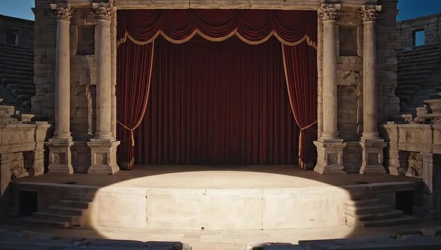 Spotlight illuminates an ancient Roman theater stage with red curtains.