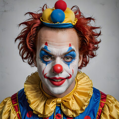 Dramatic clown portrait with intense gaze and vivid makeup