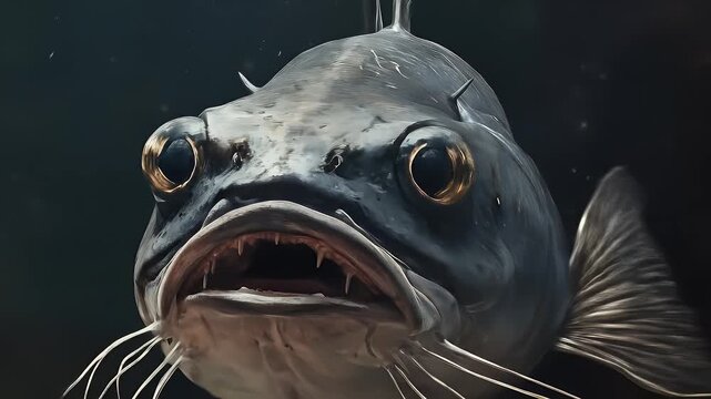 Catfish close-up with visible teeth and barbels, against a dark backdrop