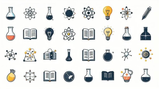 Set of Science and Education Icons: Chemistry Flasks, Atoms, Light Bulbs, and Open Books for Research and Learning Concepts