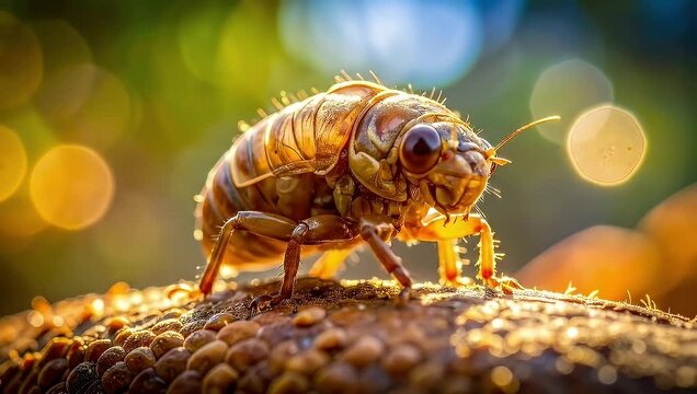 Close-up of a Brown Cicada Nymph on Textured Surface with Blurred Natural Background