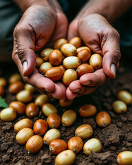 Hands Holding Fresh Organic Seeds in Soil, Nature Harvest and Agriculture Concept