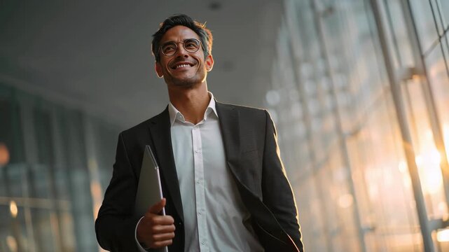Confident Visionary: A successful businessperson strides purposefully through a modern, light-filled architectural space. He confidently clutches a digital tablet.