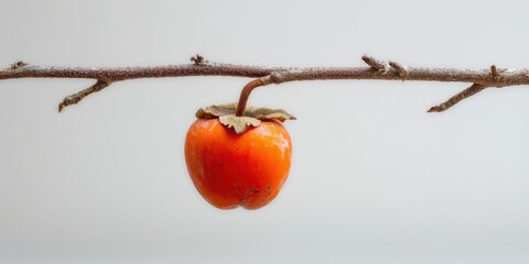 Single Orange Persimmon Fruit Hanging From a Branch Against a Light Gray Background