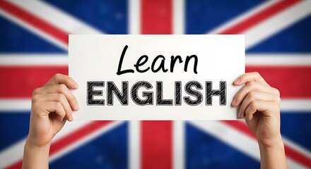 Learn English language education concept with British flag background
