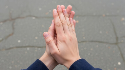 Close-up of a girls hands playing a clapping game with a friend on a textured pavement background