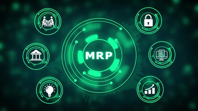 Material Requirements Planning MRP icons and abstract digital interface with glowing circles and bokeh effect Keywords: MRP, material requirements planning, production, manufacturing, business
