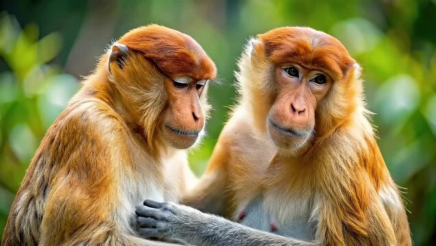 Intimate Moment: A Moving Portrait of Two Proboscis Monkeys Expressing Affection and Bond