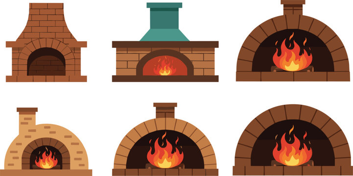 Brick fireplace and oven collection with burning fire flames, traditional masonry hearth designs, flat vector illustration set