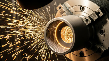 Dynamic industrial process where molten sparks whisk away from the rotating metal workpiece during precision grinding, showcasing the power and intricate energy of modern manufacturing