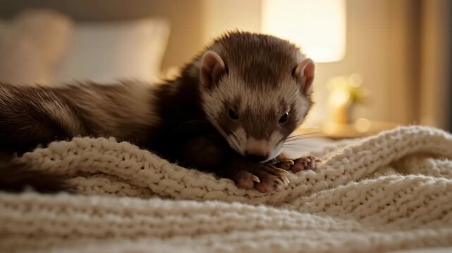 Relaxed Ferret Resting on Cozy Knitted Blanket, Cute Pet Indoors, Slow Motion 4K