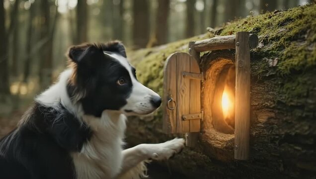 Curious Border Collie Dog Opens Magic Fairy Door in Enchanted Forest Log, 4K