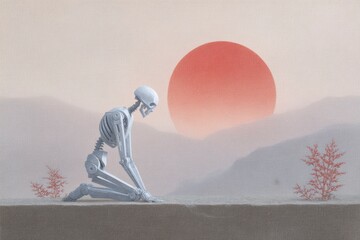 a red sun, skeleton robot kneeling in the desert