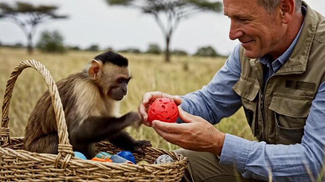 A Kindred Spirit: Shared Playful Moments Between a Man and Capuchin Monkey on the Savannah