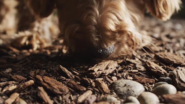 A Golden Cocker Spaniel Sniffing and Exploring Outdoors, Close-Up Dog View in Nature